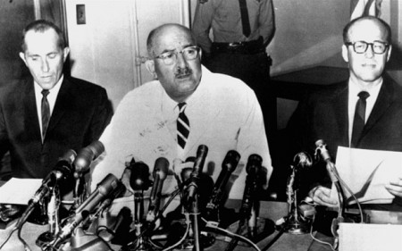 Norman Farberow (left) with Dr Theodore Curphey and Dr Robert Litman announce their findings after an investigation into the death of Marilyn Monroe (August 17, 1962)
