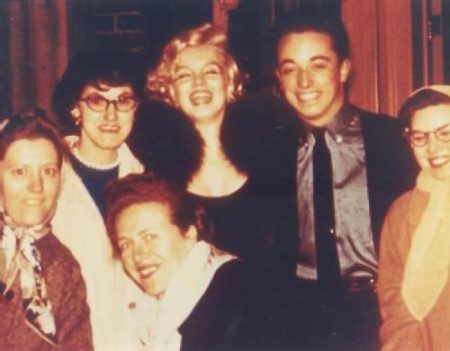 Members of the Monroe Six with Marilyn on James Haspiel's birthday, 1959. (Frieda Hull is pictured kneeling directly below MM.)